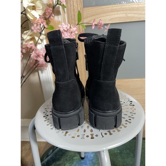 Womens Black Suede Lace-up Combat Boots Chunky Lug Sole Ankle Winter Booties 6.5 - Picture 3 of 14